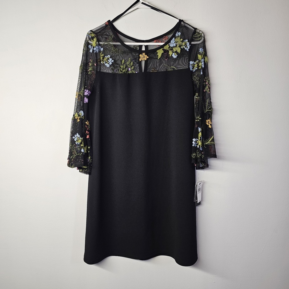 AGB Floral Dress Womens 12 Embroidered 3/4 Bell Sleeve Black Midi NWT